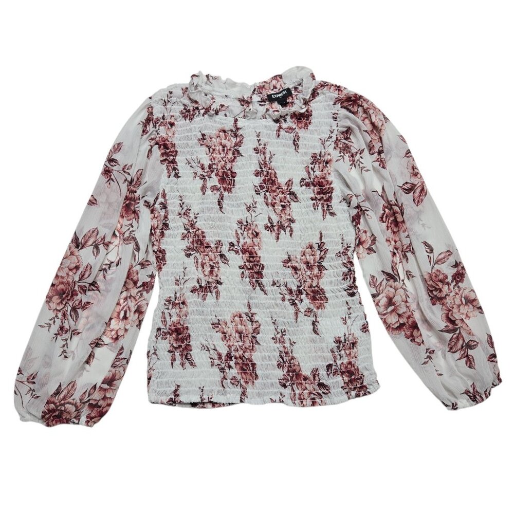 Express Blouse Womens XS White Floral Sheer Balloon Sleeve Seersucker Top‎
